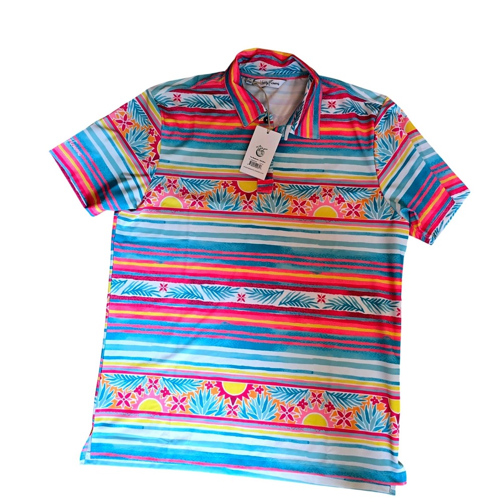 Kenny Flowers Mens The Mayakoba Golf Shirt Striped Tropical Polo Pink Blue Sz M
